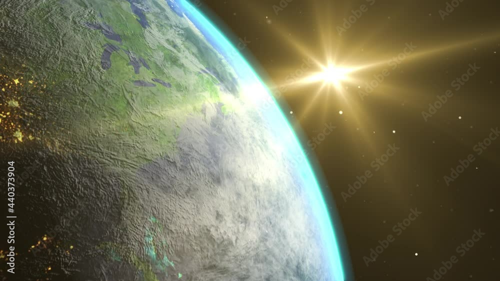 Sunrise and shadow on the earth rotate in space with star in universe. World realistic atmosphere 3D volumetric clouds texture surface.  Elements of this image are furnished by NASA