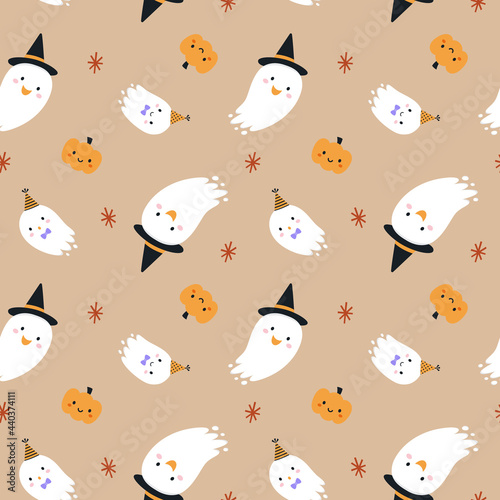 Seamless pattern for Halloween. Cute ghosts and pumpkins on kraft beige background.