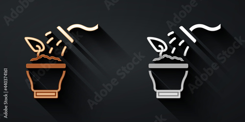 Gold and silver Spraying a house plant with a spray gun icon isolated on black background. Moistening of foliage. Care for home flowers. Long shadow style. Vector