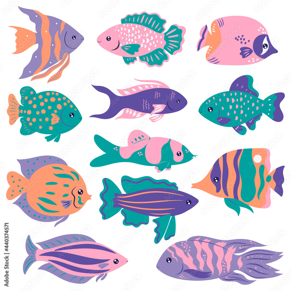Naklejka premium Set of cute oceanic fish isolated on a white background. Vector graphics.