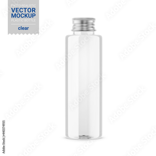 Transparent glossy plastic bottle mockup. Vector illustration.