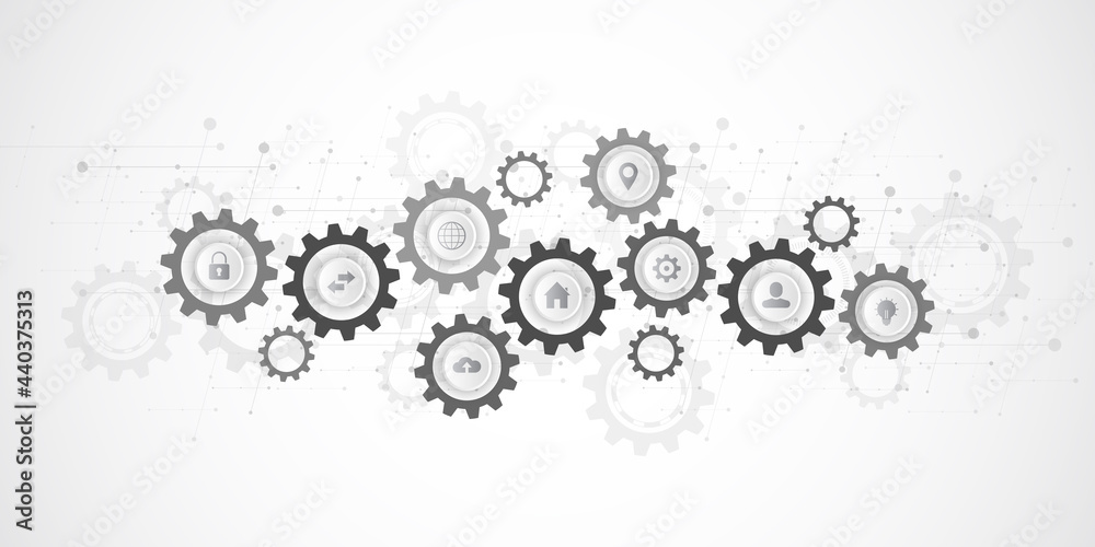 Information technology concept with infographic elements and flat icons. Cogs and gear wheel mechanisms. Hi-tech digital technology and engineering. Abstract technical background Information technology concept with infographic elements and flat icons. Cogs and gear wheel mechanisms. Hi-tech digital technology and engineering. Abstract technical background