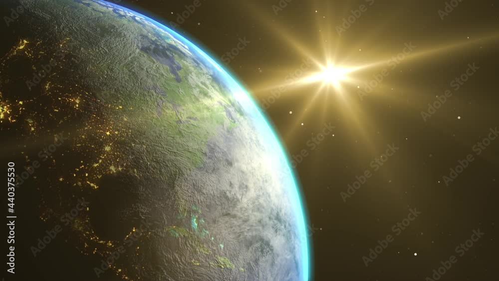 Sunrise and shadow on the earth rotate in space with star in universe. World realistic atmosphere 3D volumetric clouds texture surface.  Elements of this image are furnished by NASA