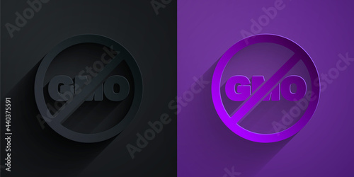 Paper cut No GMO icon isolated Paper cut background. Genetically modified organism acronym. Dna food modification. Paper art style. Vector