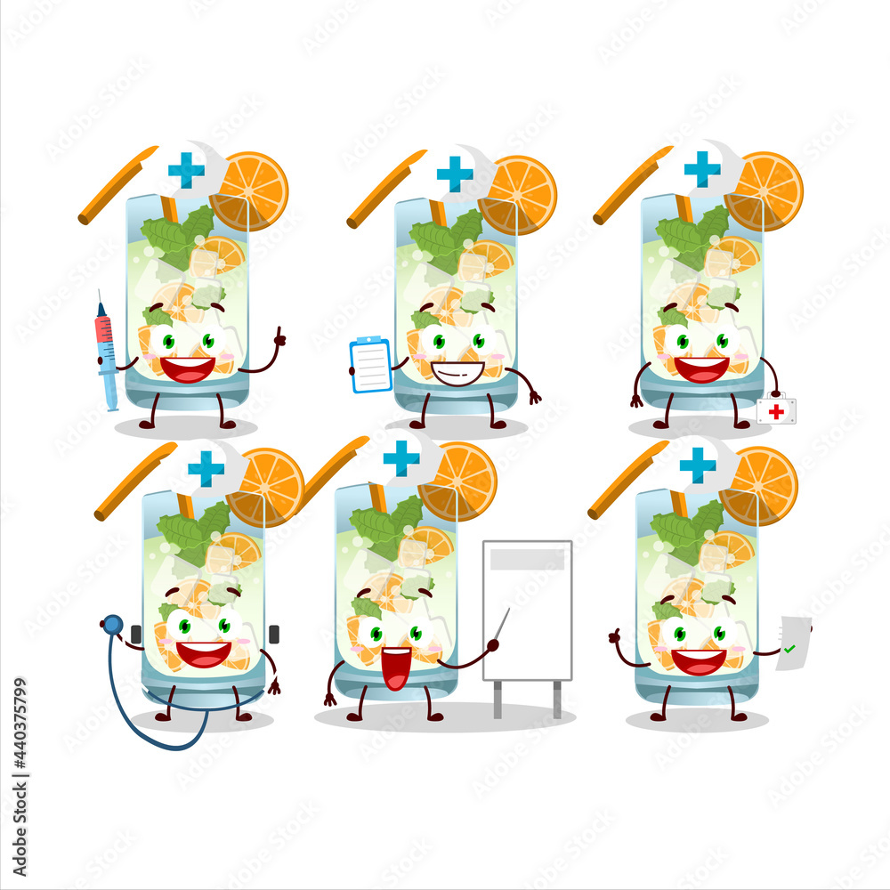 Doctor profession emoticon with orange mojito cartoon character