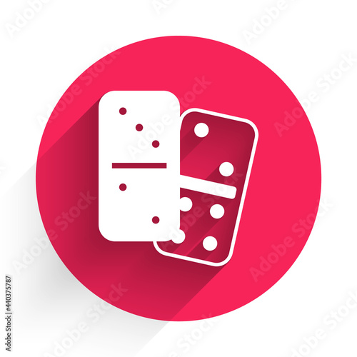 White Domino icon isolated with long shadow. Red circle button. Vector