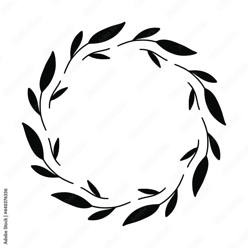Vector hand drawn spring wreath isolated on white background. Silhouette circle of leaves. Doodle style. Floral frame. Vector hand drawn spring wreath isolated on white background. Silhouette circle of leaves. Doodle style. Floral frame.