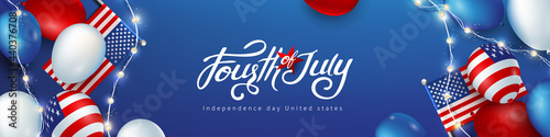 Independence day USA celebration banner with american balloons flag.