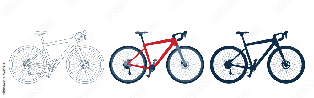Set of gravel, road, touring bikes in realistic, outline and silhouette style. Vector illustration isolated on white background Set of gravel, road, touring bikes in realistic, outline and silhouette style. Vector illustration isolated on white background