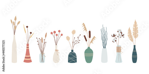 Set of bouquets of dry field and wild herbs in vases. Glass, ceramic modern vases of various shapes and colors. Stylish and modern decorative floral home design elements. Isolated vector illustration