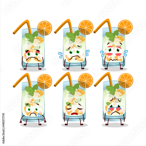 Orange mojito cartoon character with sad expression