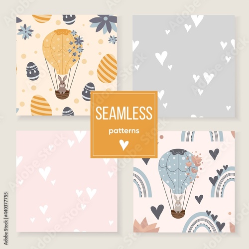 Grey rabbits in summer flowers and rainbows seamless pattern. Cute characters. Baby cartoon vector in simple hand-drawn Scandinavian style. Hot air ballons.