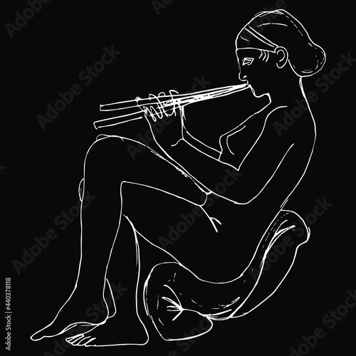 Beautiful seated naked ancient Greek lady playing flute. Antique relief from Ludovisi Throne. Hand drawn linear doodle rough sketch. White silhouette on black background.