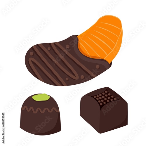 Chocolate-covered tangerine fresh fruit dipped in thick chocolate bars. A set of chocolates. Vector illustration.