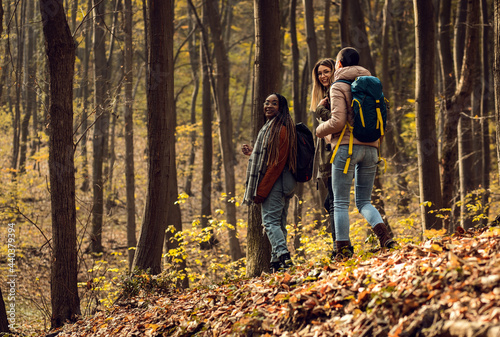 Three female friends enjoying hiking in forest on a beautiful autumn day.  © Zoran Zeremski