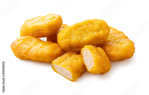 Chicken nuggets on a white background.