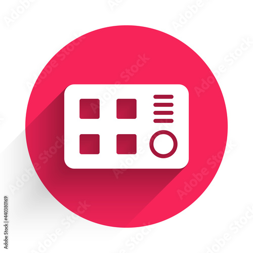 White Drum machine icon isolated with long shadow. Musical equipment. Red circle button. Vector