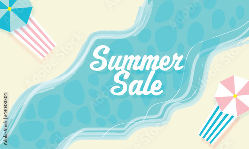 Summer Sale Banner Design With Top View Of Beach Bed On River View Background.