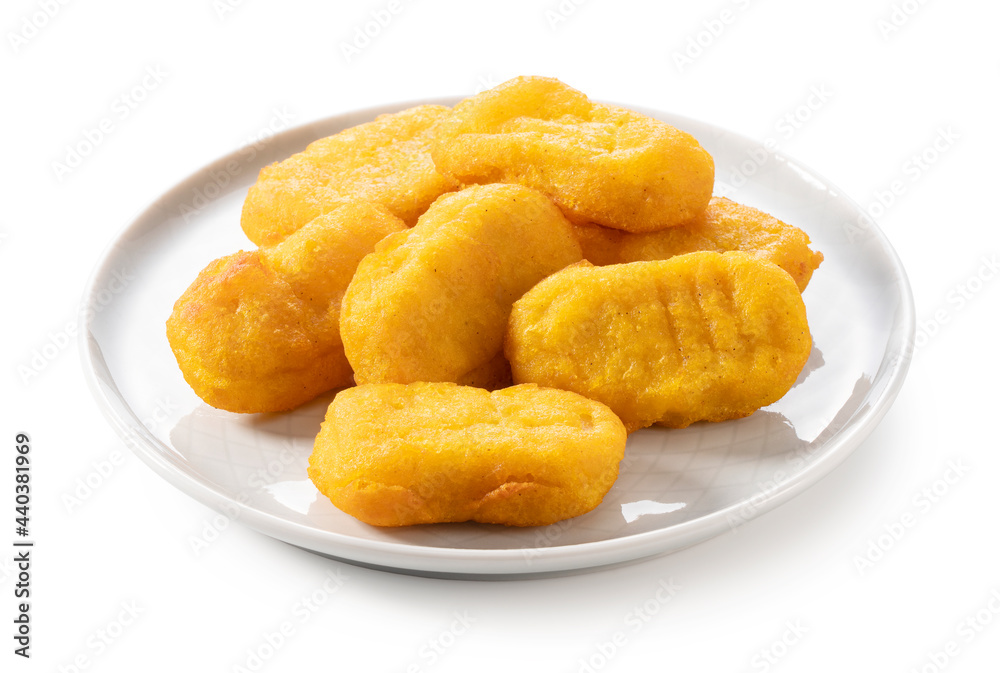 Chicken nuggets on a white background.