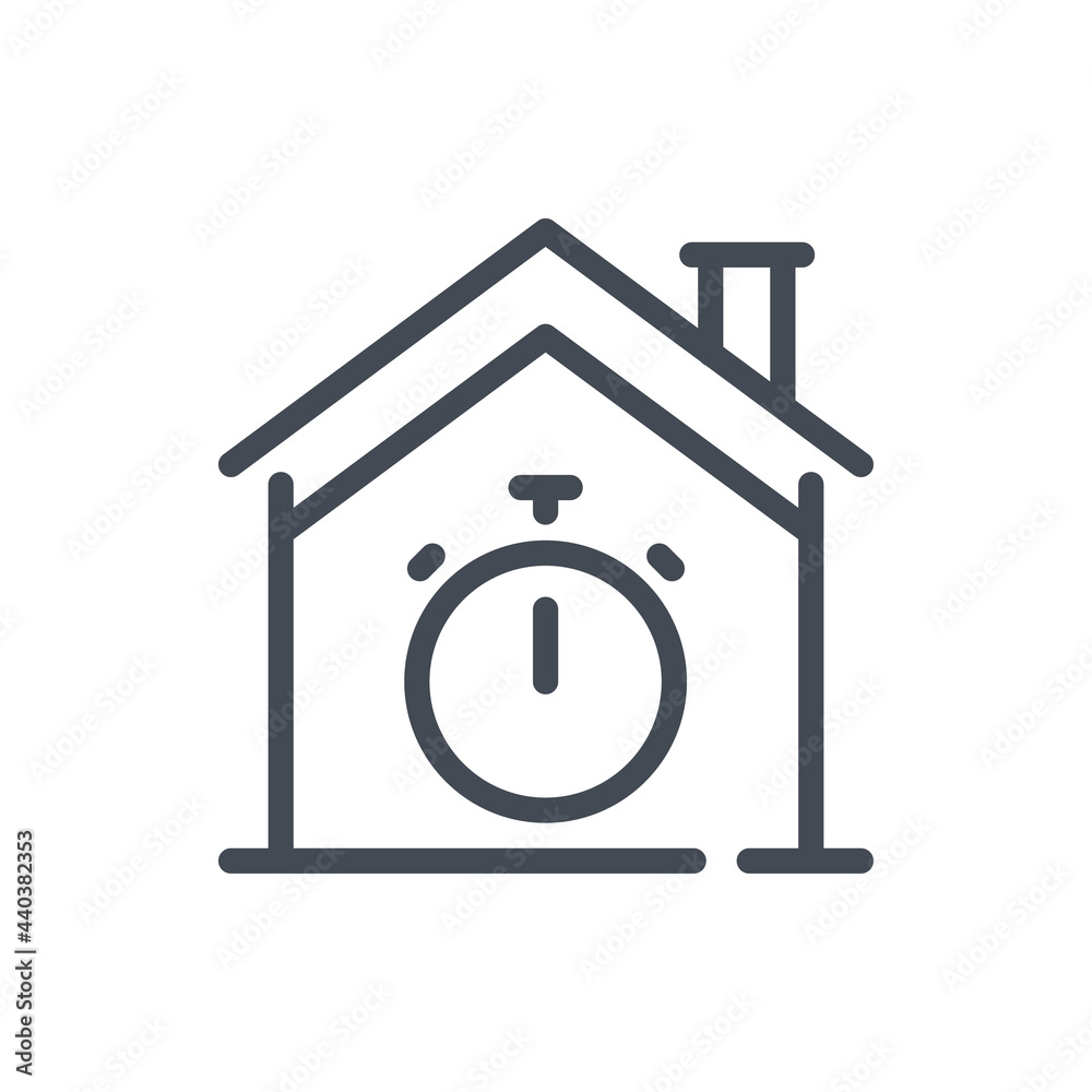 House with stopwatch line icon. Smart home time management vector outline sign. House with stopwatch line icon. Smart home time management vector outline sign.