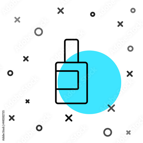 Black line Plastic bottle for laundry detergent, bleach, dishwashing liquid or another cleaning agent icon isolated on white background. Random dynamic shapes. Vector