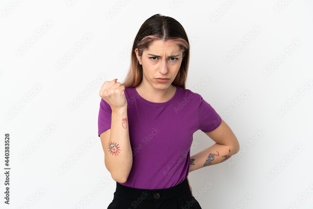 Young caucasian woman isolated on white background with unhappy expression Young caucasian woman isolated on white background with unhappy expression
