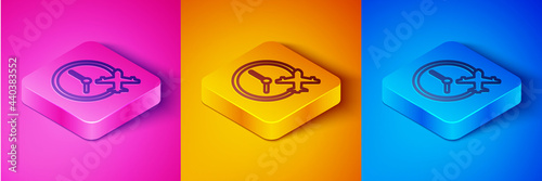 Isometric line Clock with airplane icon isolated on pink and orange, blue background. Designation of time before departure, check-in for flight and arrival time symbol. Square button. Vector