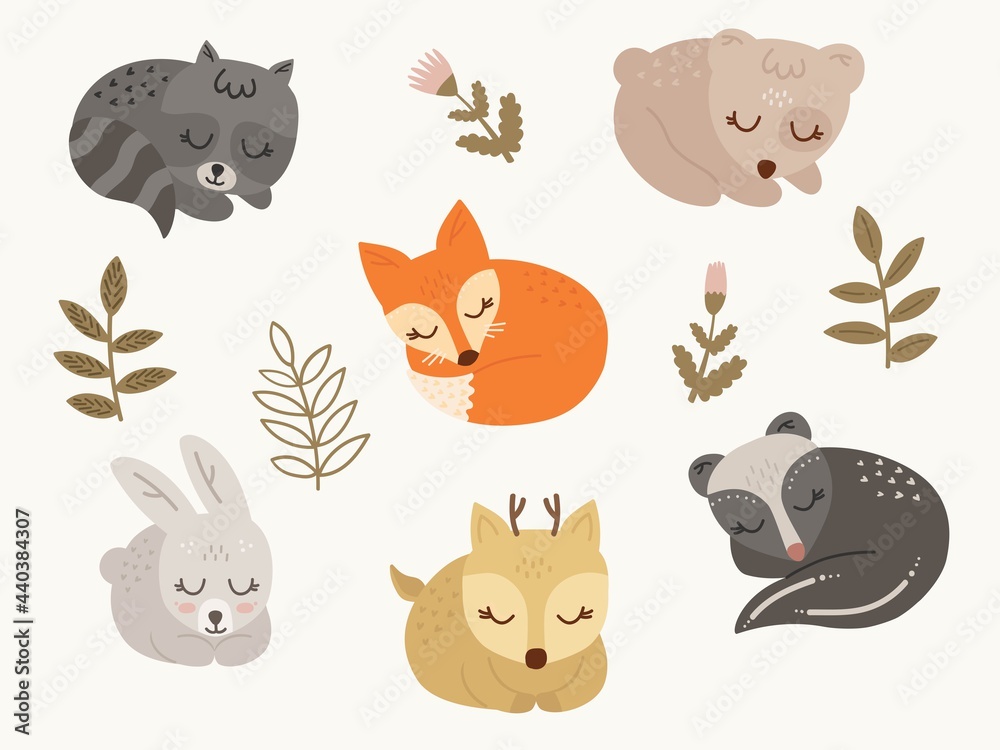 Cartoon forest characters collection. Sleeping Animal cute baby teddy bear, fox, deer, bunny, raccoon, badger. Cute Doodle stickers. Hand drawn shirt print design vector illustration.