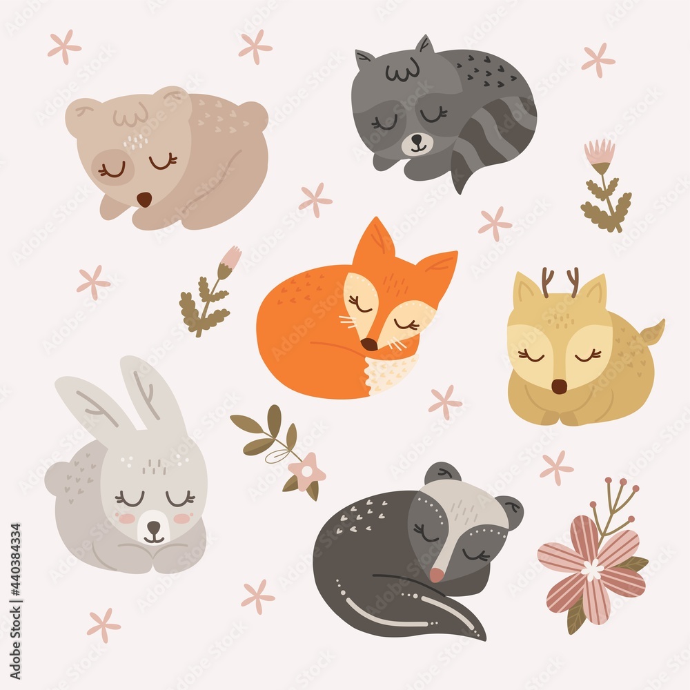 Collection of Adorable flat sleeping animals.  Sleeping Animal cute baby teddy bear, fox, deer, bunny, raccoon, badger. Cute Doodle stickers. Hand drawn shirt print design vector illustration.