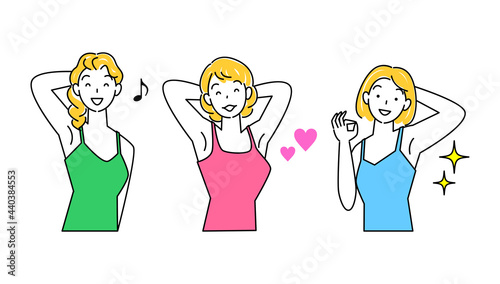 ムダ毛（わき毛）を脱毛しツルツルになった脇の下を見せている笑顔の女性たち イラスト セット ベクター