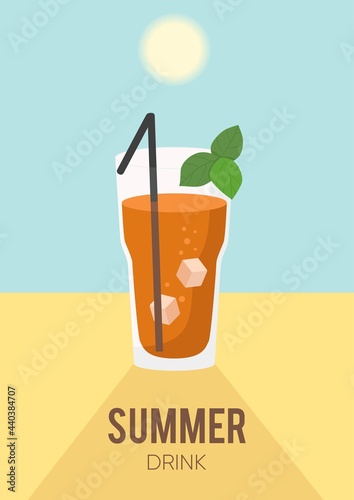 fresh cocktail with ice and mint on the beach. Summer banner or poster.