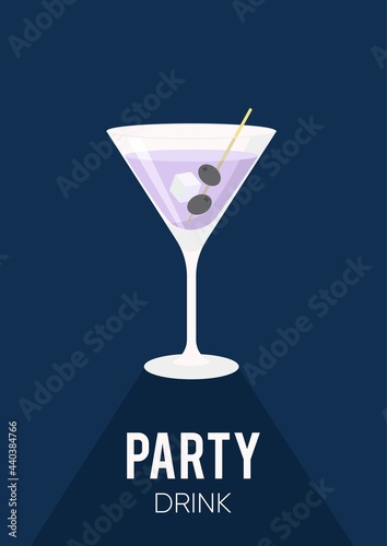 Cocktail glasses banner or poster. Martini drink. Flat illustration in retro style.