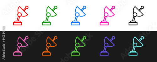 Set line Radar icon isolated on black and white background. Search system. Satellite sign. Vector