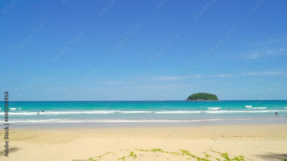 Phuket beach sea sand and sky. Beautiful Landscape view of beach sea in summer day. Beach sand space area. At Karon Beach, Phuket, Thailand. On 15 June 2021. 4K UHD. Video Clip 4096x2304p. 29.97FPS. Phuket beach sea sand and sky. Beautiful Landscape view of beach sea in summer day. Beach sand space area. At Karon Beach, Phuket, Thailand. On 15 June 2021. 4K UHD. Video Clip 4096x2304p. 29.97FPS.