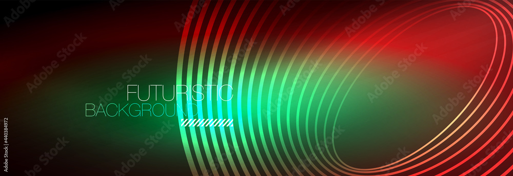 Dark abstract background with glowing neon circles. Trendy layout template for business or technology presentation, internet poster or web brochure cover, wallpaper Dark abstract background with glowing neon circles. Trendy layout template for business or technology presentation, internet poster or web brochure cover, wallpaper