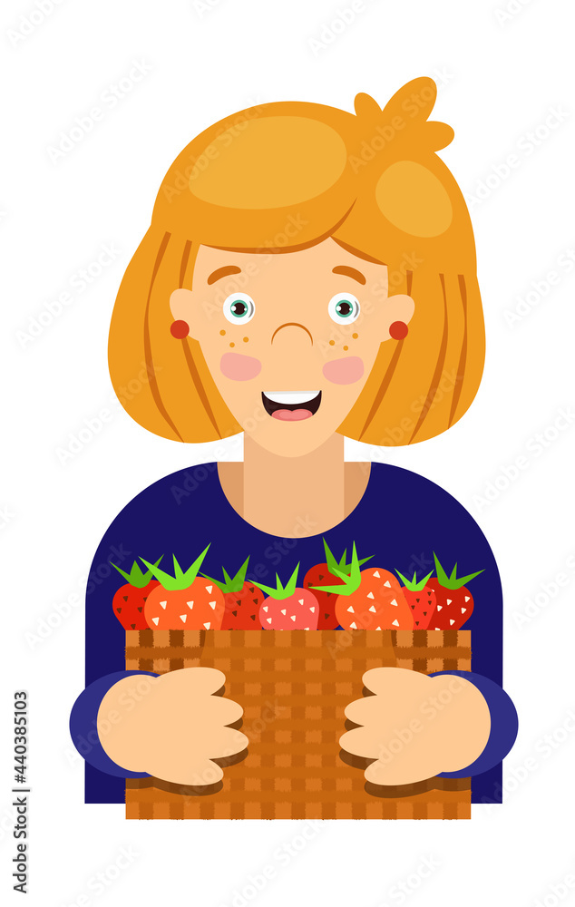 Cheerful joyful girl with a smile on her face and a basket of strawberries in her hands Cheerful joyful girl with a smile on her face and a basket of strawberries in her hands