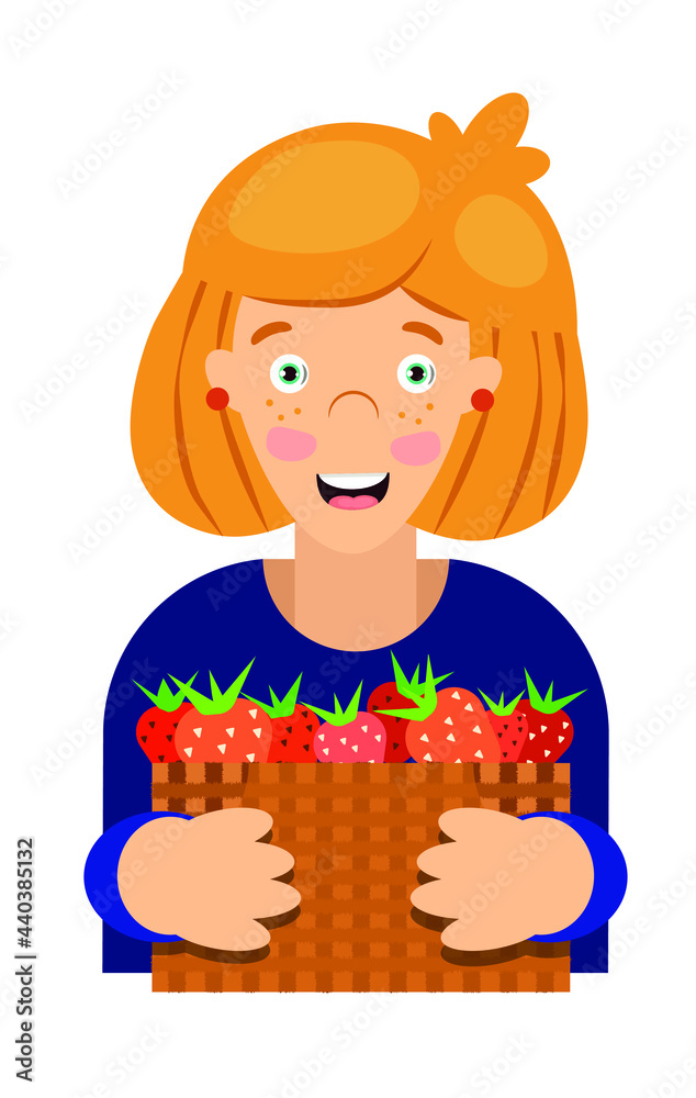 Cheerful joyful girl with a smile on her face and a basket of strawberries in her hands Cheerful joyful girl with a smile on her face and a basket of strawberries in her hands
