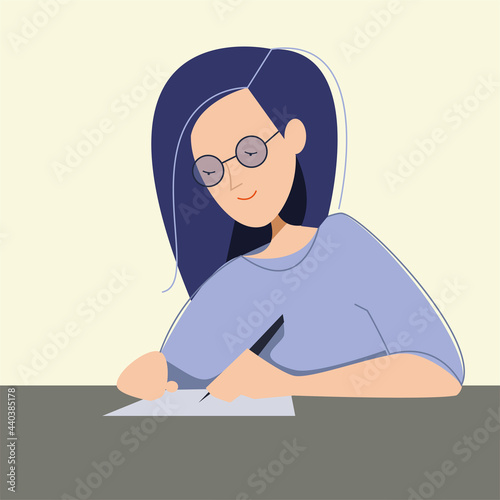 vector flat illustration of young woman writing or drawing something isolated. left-handed person. 