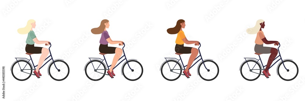 Collection of flat vector illustration. Woman riding bicycle. Multinational female sport.