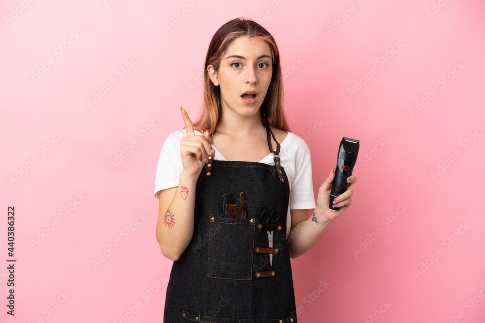 Young hairdresser woman isolated on pink background intending to realizes the solution while lifting a finger up Young hairdresser woman isolated on pink background intending to realizes the solution while lifting a finger up