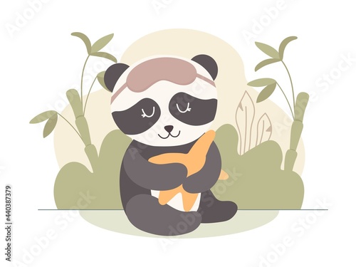 Fototapeta Naklejka Na Ścianę i Meble -  Cute panda character with toy star and sleeping mask. Sleeping animal vector design. Baby bamboo bear.
