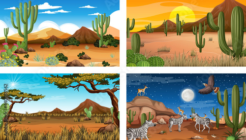 Different desert forest landscape scenes with animals and plants