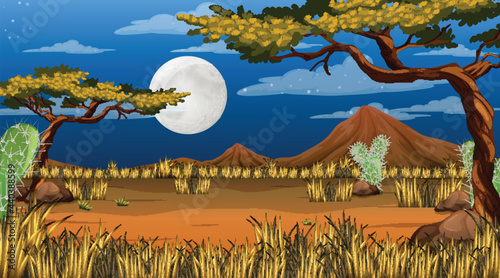 Desert forest or African forest landscape at night scene with the big moon in the sky