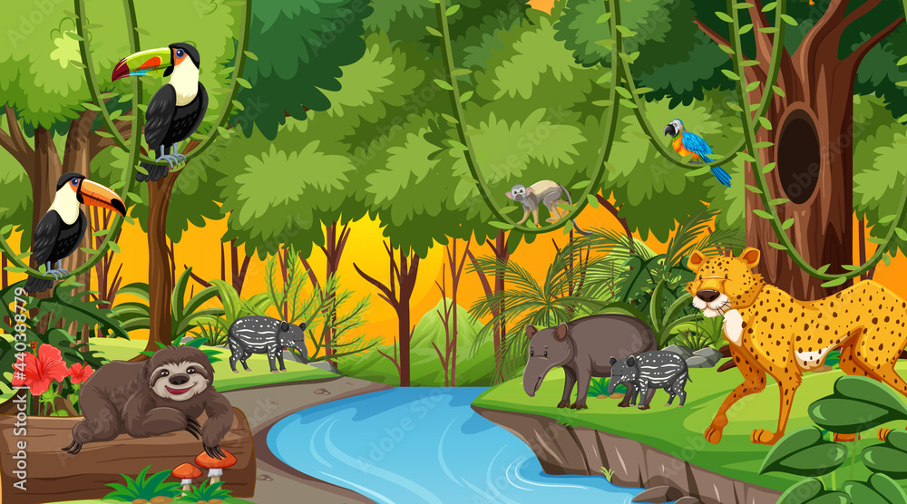 Forest at sunset time scene with different wild animals Forest at sunset time scene with different wild animals