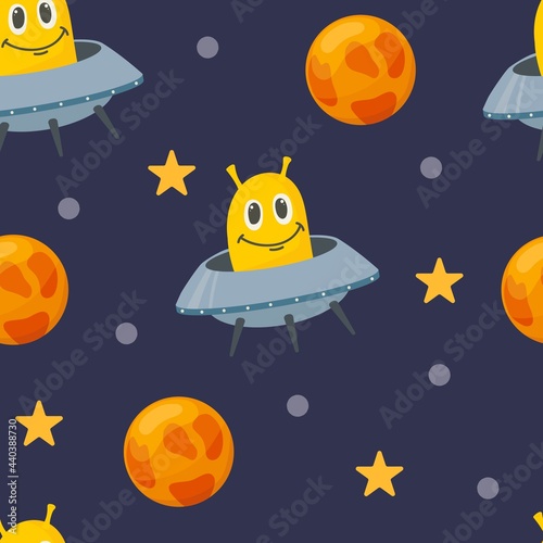 Space seamless pattern with Flying saucer, planets, moon, stars, alien and UFO. Hand drawn Scandinavian style vector illustration isolated on white background.