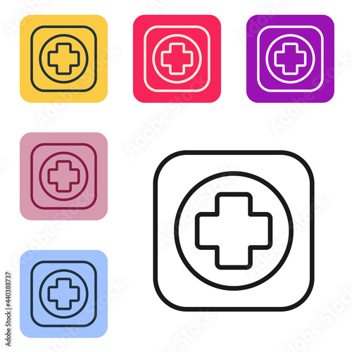 Black line Hospital signboard icon isolated on white background. Set icons in color square buttons. Vector