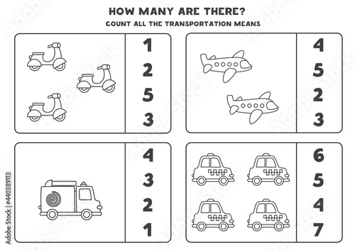 Counting game with transportation means. Math worksheet.