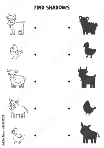 Find the correct shadows of black and white farm animals. Logical puzzle for kids.