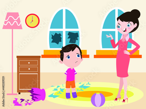 Parenthood vector concept. Young mother scolding her son for breaking vase and window while playing football in the living room at home