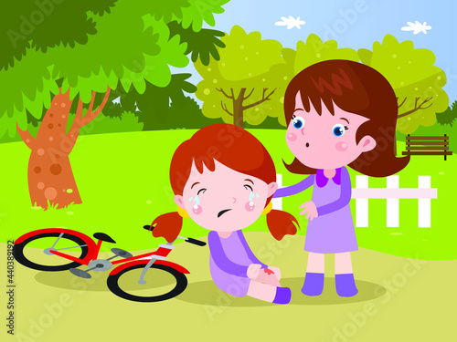 Childhood vector concept: Sad little girl falling from her bicycle while helped by her sister at the park